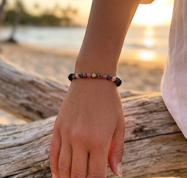 The Strawberry Dusk Waterproof Bead Bracelet | Pink Stone & Black Lava