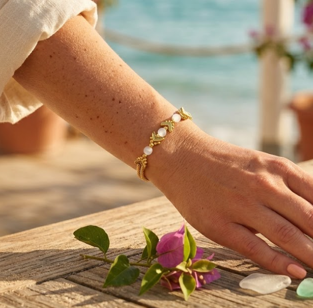 The Golden Oasis Waterproof Bracelet | Gold-Tone Chevron & White Beads Waterproof
