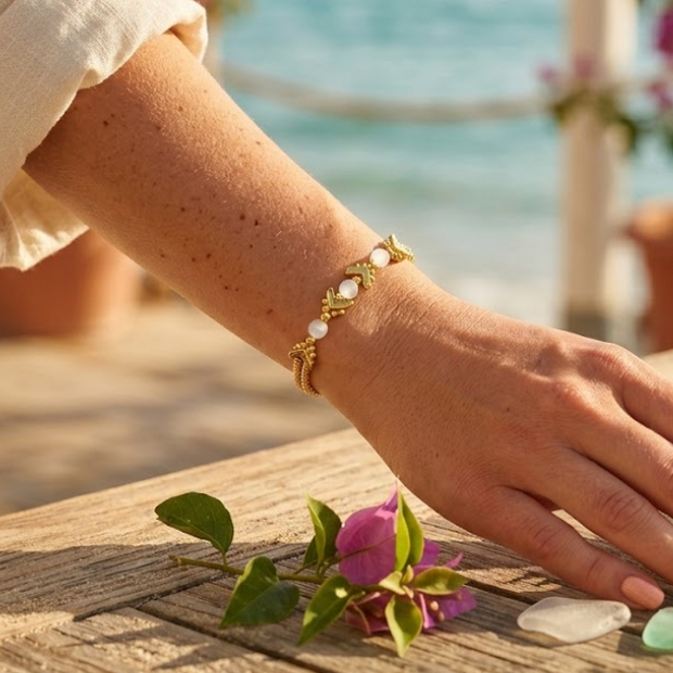 The Golden Oasis Waterproof Bracelet | Gold-Tone Chevron & White Beads Waterproof