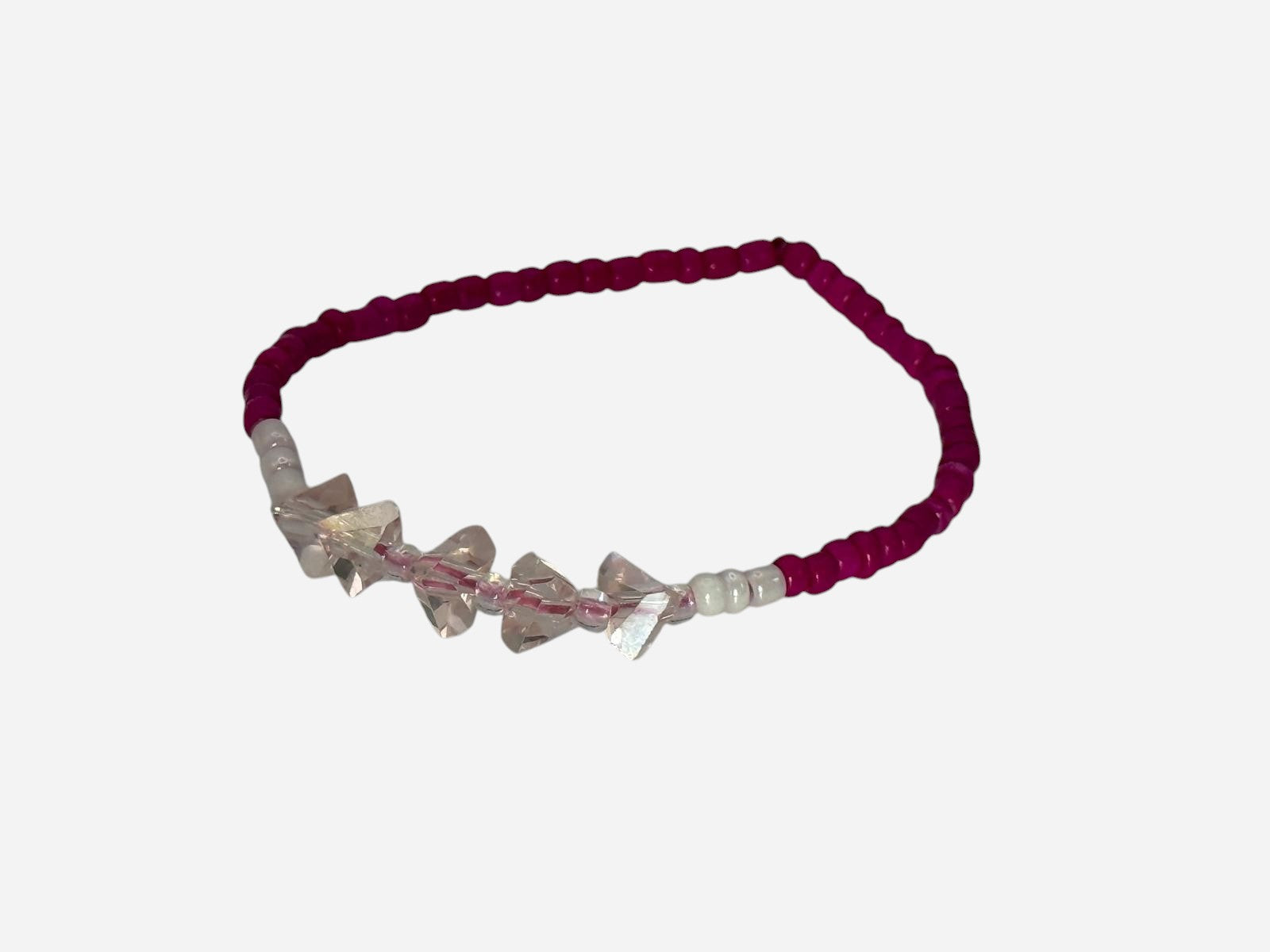 SPARQ pink seed bead stretch bracelet with clear crystal accents and white seed beads.