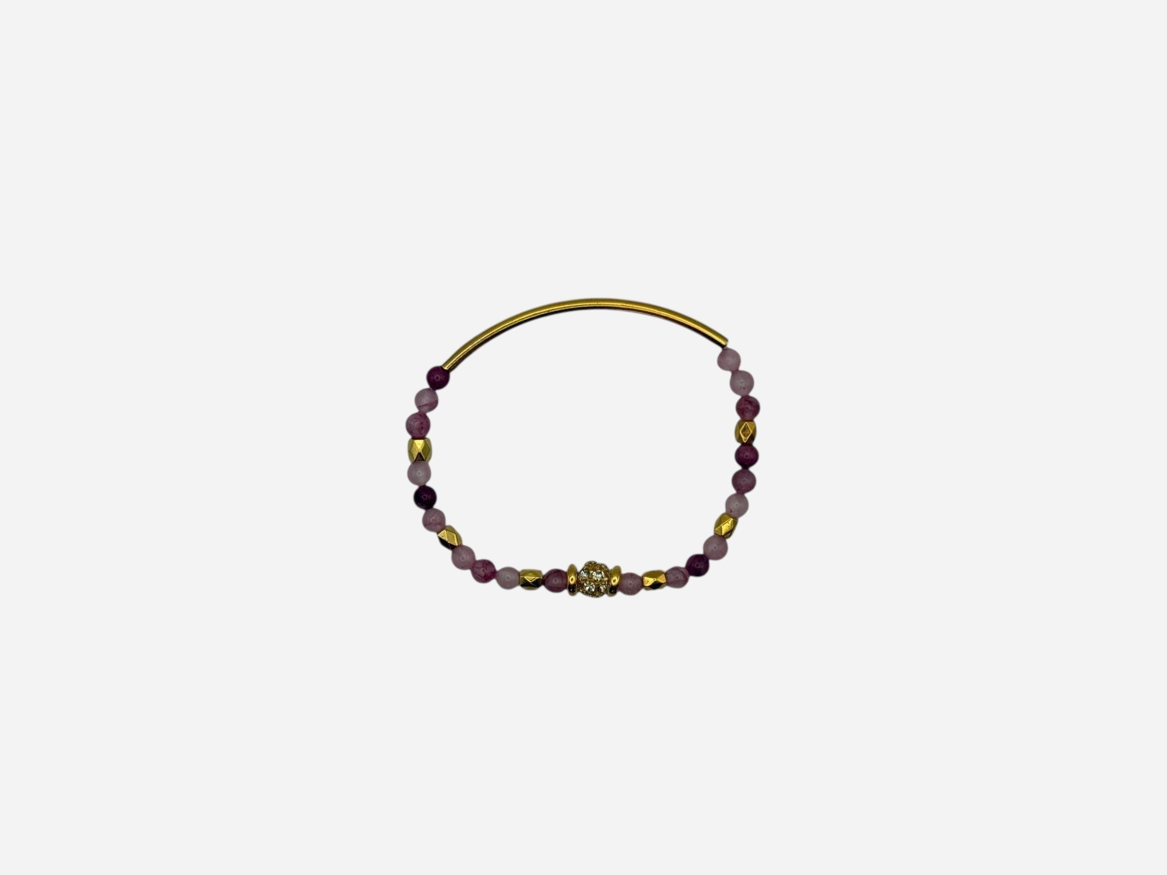 SPARQ pink and deep red natural stone beaded stretch bracelet with gold bar and rhinestone center.