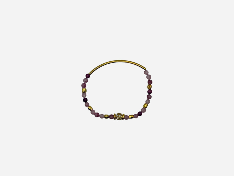 SPARQ pink and deep red natural stone beaded stretch bracelet with gold bar and rhinestone center.