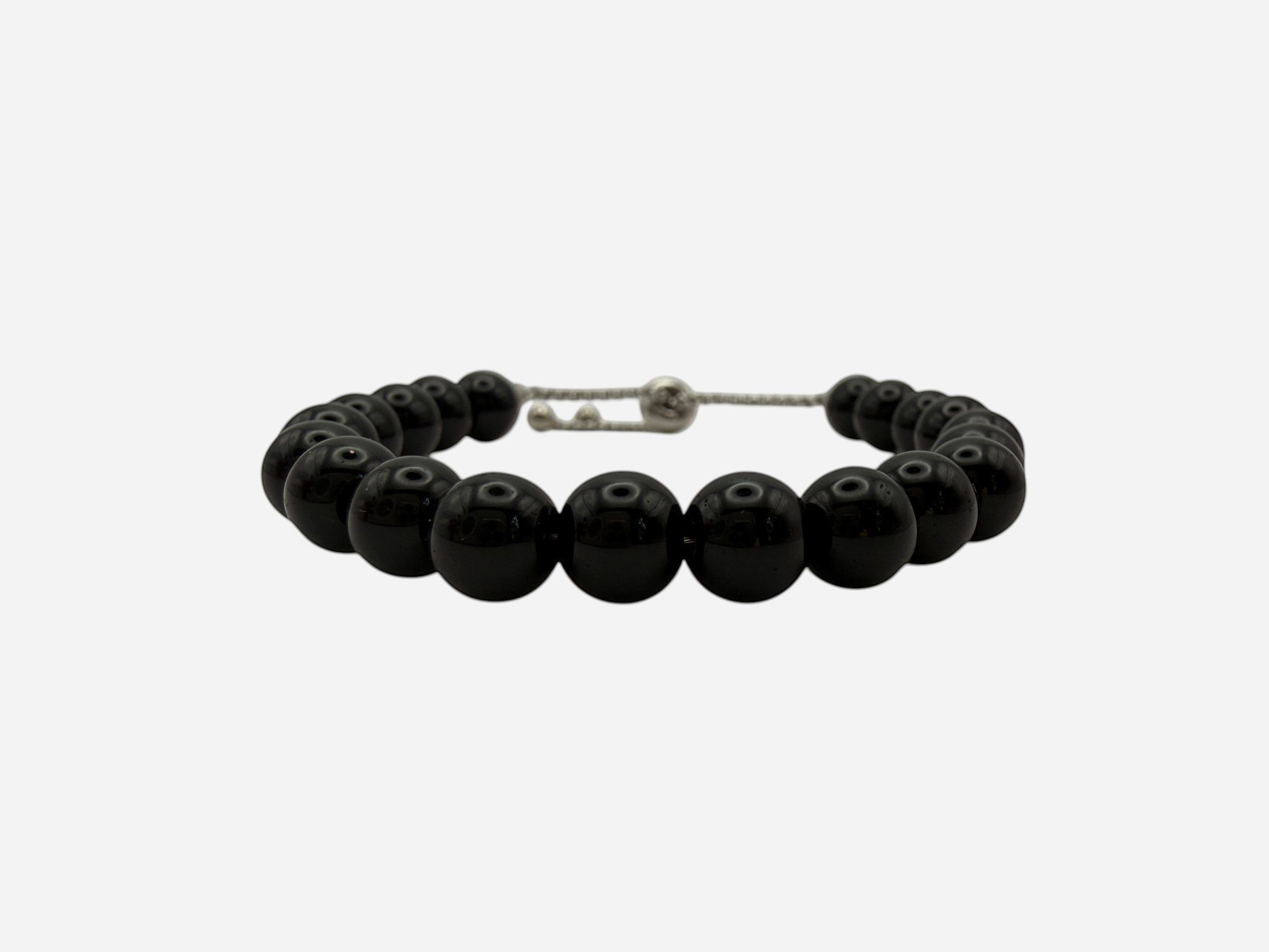 SPARQ black beaded bracelet with adjustable stainless steel chain, minimalist design.