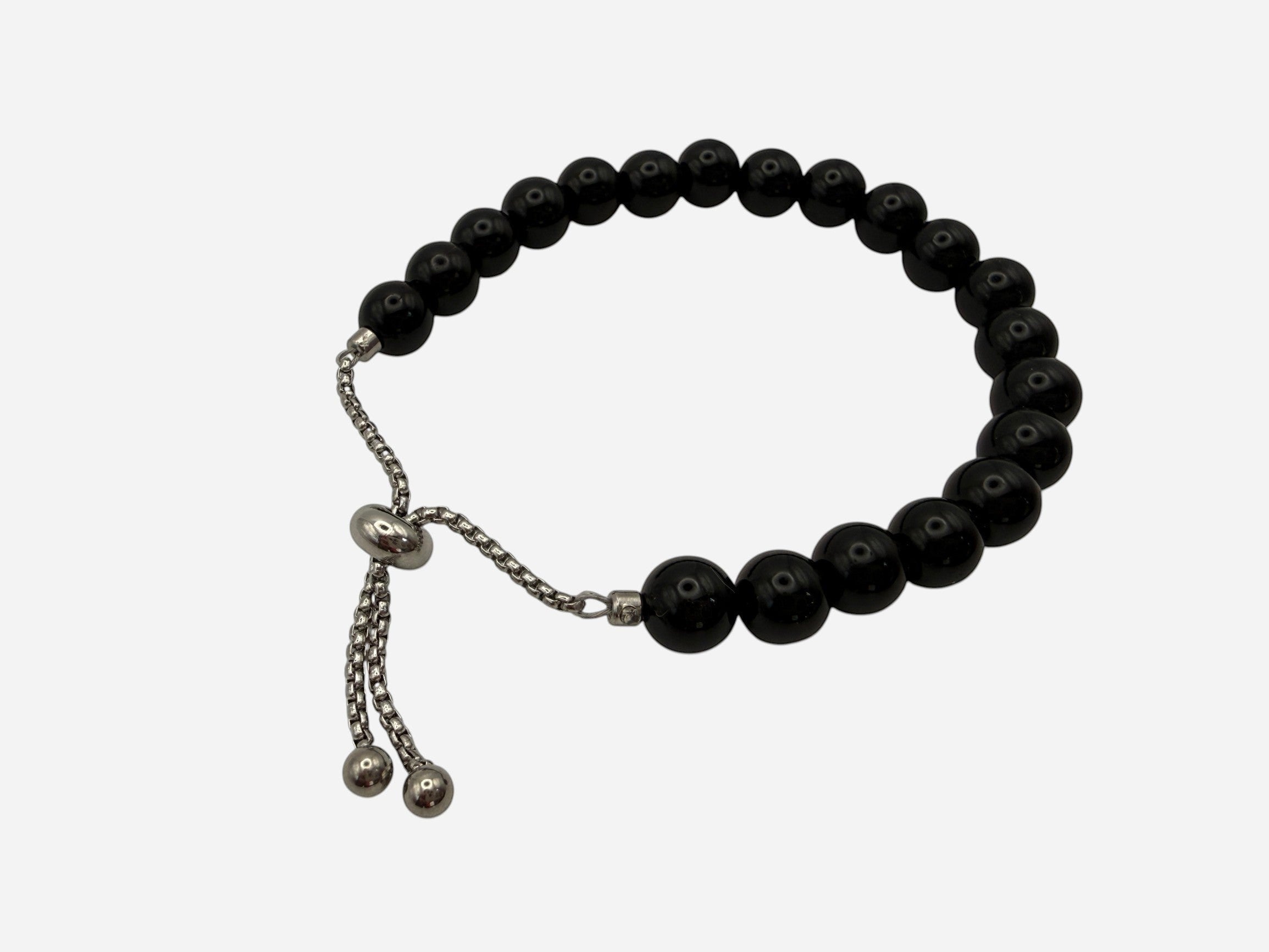 SPARQ black beaded bracelet with adjustable stainless steel chain and toggle closure. Minimalist design.