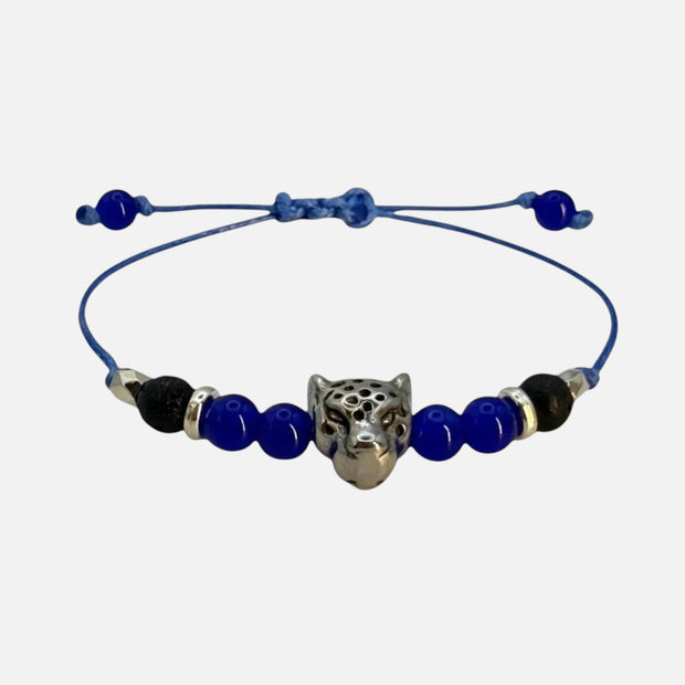 SPARQ blauwe kralenarmband voor dames met zilverkleurige luipaardbedel en verstelbaar blauw koord