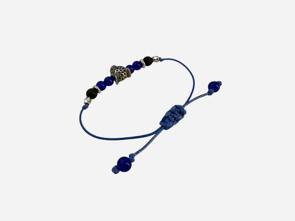 SPARQ blauwe kralenarmband voor dames met zilverkleurige luipaardbedel en verstelbaar blauw koord