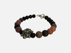 SPARQ handgemaakte kralenarmband met zwarte lavastenen, roze rhodoniet kralen en een zilverkleurige schildpadbedel.