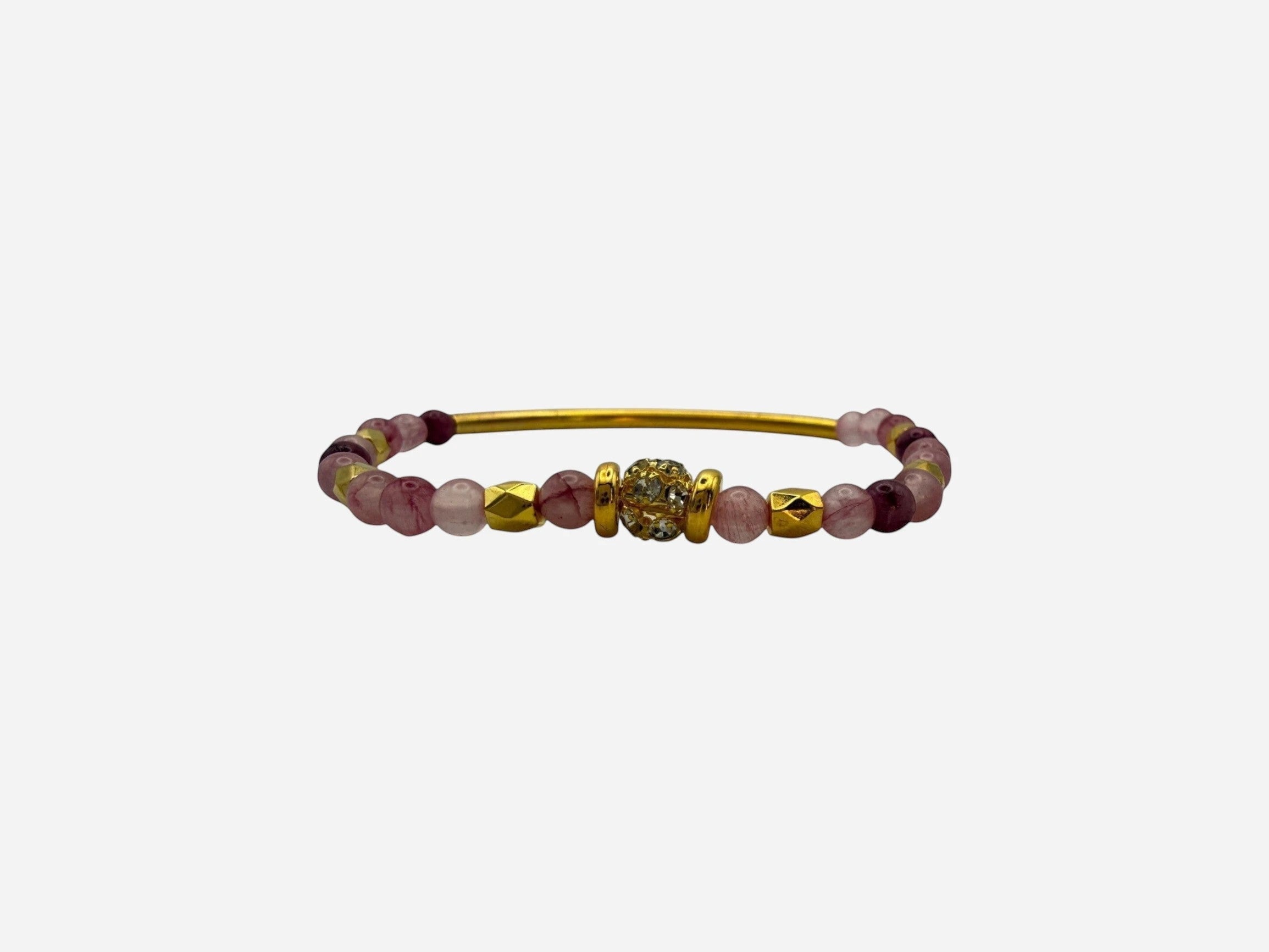 SPARQ pink and deep red natural stone beaded stretch bracelet with gold bar and rhinestone center.
