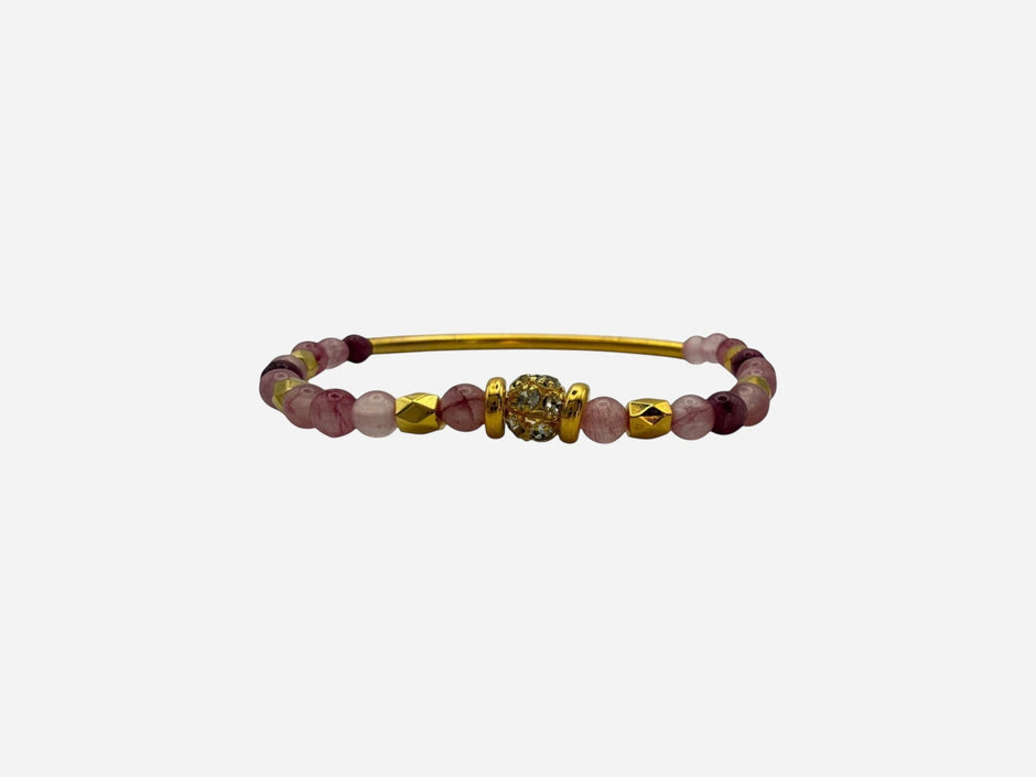 SPARQ pink and deep red natural stone beaded stretch bracelet with gold bar and rhinestone center.
