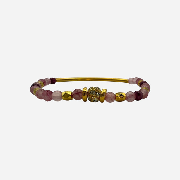 SPARQ pink and deep red natural stone beaded stretch bracelet with gold bar and rhinestone center.